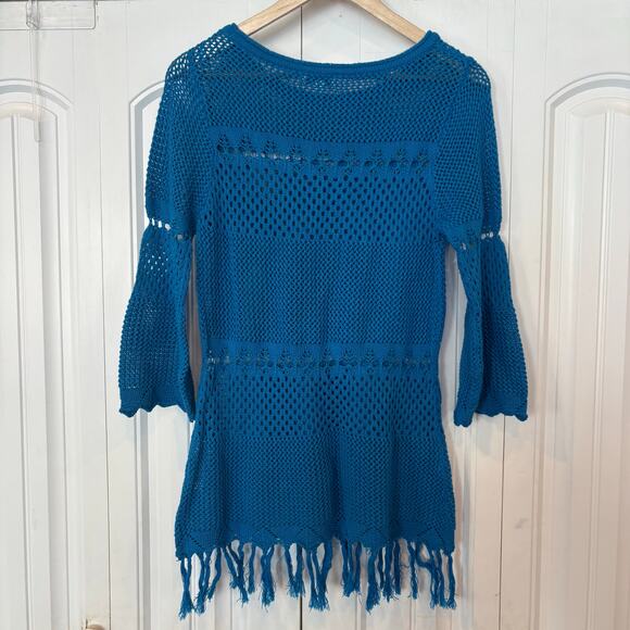 Joseph A. Blue Open Knit‎ Fringe Sweater Size Medium - Picture 1 of 5